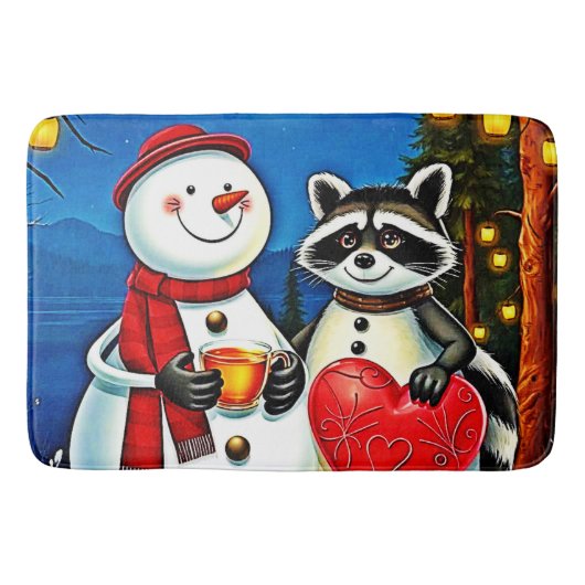 Winter Freunde: Schneemann & Waschbär Joy Design  Badematte (Vorderseite)