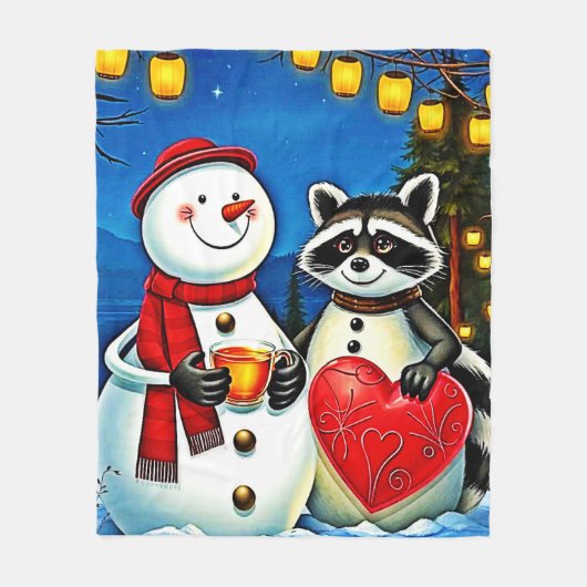 Winter Freunde: Schneemann & Waschbär Joy Design Fleecedecke (Vorderseite)