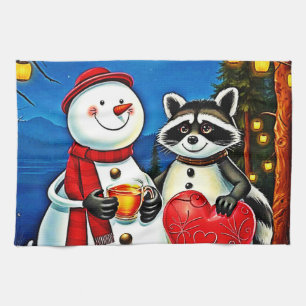 Winter Freunde: Schneemann & Waschbär Joy Design  Geschirrtuch