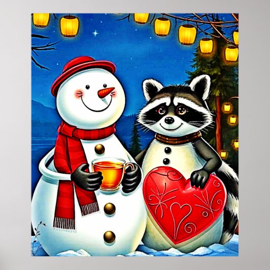 Winter Freunde: Schneemann & Waschbär Joy Design Poster (Vorne)