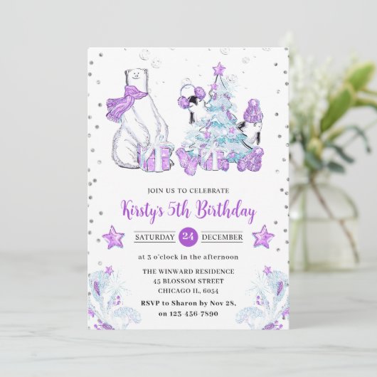 Winter Friends Polar Bear & Pinguine Kindergeburts Einladung (Stehend Vorderseite)