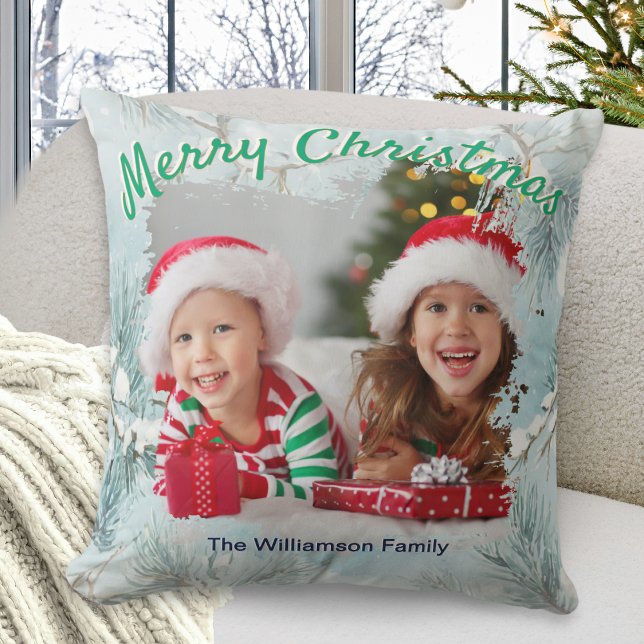 Winter Frost Custom Photo Christmas Throw Pillow Kissen (A festive pillow with an elegant winter frost design, personalized with a photo and text)