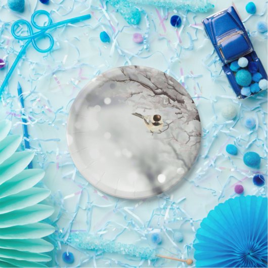 Winter Frosty Tree Chickadee Bird Art Pappteller (Party)