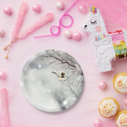 Winter Frosty Tree Chickadee Bird Art Pappteller (Party)