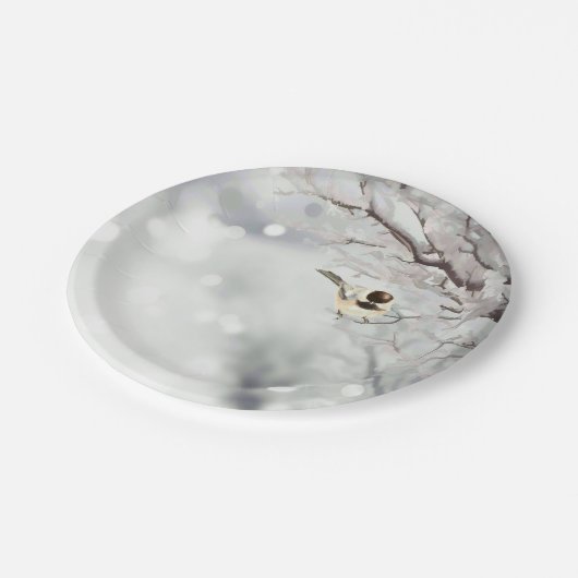 Winter Frosty Tree Chickadee Bird Art Pappteller (Schrägansicht)