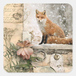 Winter-Fuchs Cottagecore Vintage Quadratischer Aufkleber