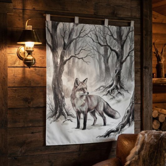 Winter-Fuchs-Teppich | Schnee-Wald-Kunst Wandteppich
