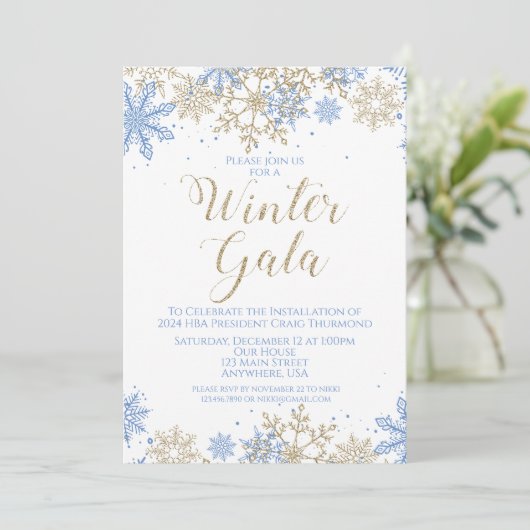 Winter Gala Blue und Gold laden ein Einladung (Stehend Vorderseite)