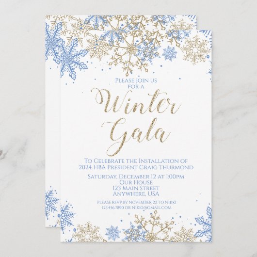 Winter Gala Blue und Gold laden ein Einladung (Vorne/Hinten)