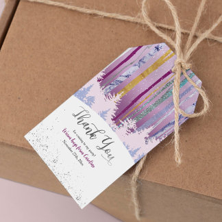 Winter Geburtstag Blau Lila mit Schneebäumen Geschenkanhänger