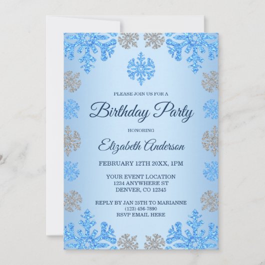 Winter Geburtstag Ice Blue Silver Snowflake Einladung (Vorderseite)