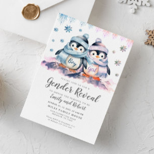 Winter Gender Reveal, Baby Shower Pinguin Einladung