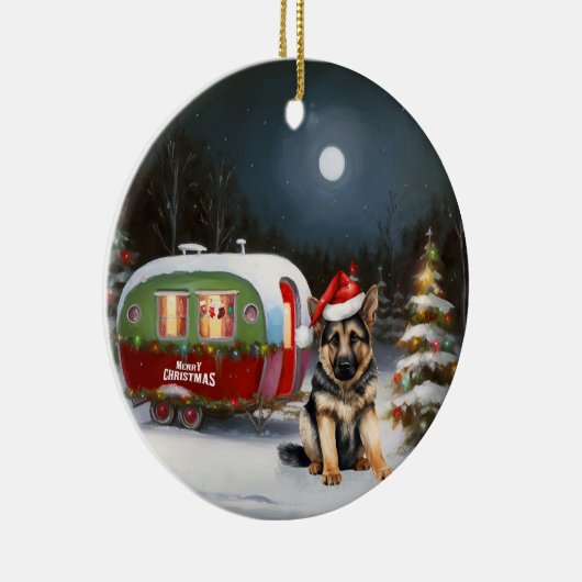 Winter German Shepherd Caravan Weihnachtsabenteuer Keramik Ornament (Rechts)