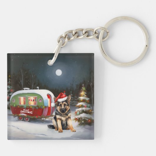 Winter German Shepherd Caravan Weihnachtsabenteuer Schlüsselanhänger (Rückseite)