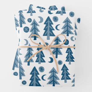 Winter-Geschenk im Blau-Weiß-Baum-Muster Geschenkpapier Set
