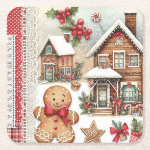 Winter Gingerbread Man Gingerbread Haus gequilt Rechteckiger Pappuntersetzer