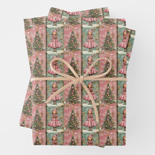 Winter Girl and Christmas Trees Wrapping Paper Geschenkpapier Set (Beispiel)