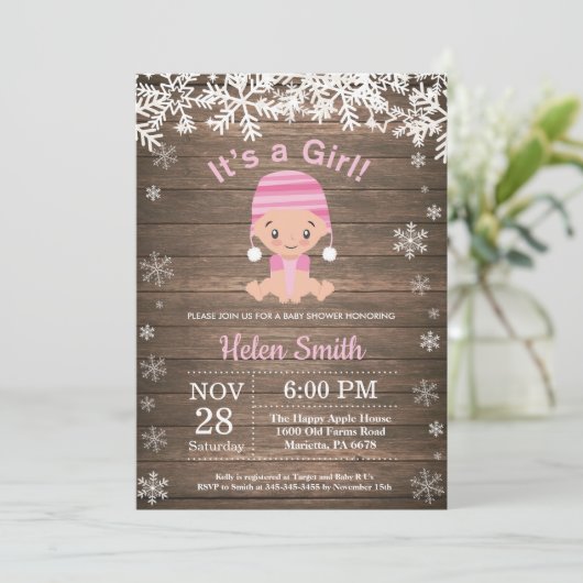 Winter Girl Baby Shower Snowflake Einladung (Stehend Vorderseite)