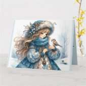 Winter Girl mit Vogel in Blue Floral Coat Karte (Gelbe Blume)