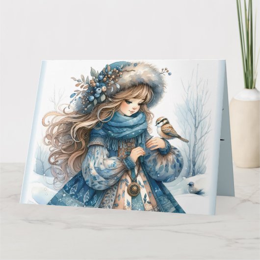 Winter Girl mit Vogel in Blue Floral Coat Karte (Vorderseite)