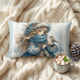 Winter Girl mit Vogel in Blue Floral Coat Lendenkissen