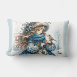 Winter Girl mit Vogel in Blue Floral Coat Lendenkissen