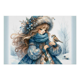 Winter Girl mit Vogel in Blue Floral Coat Poster