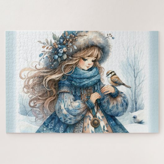 Winter Girl mit Vogel in Blue Floral Coat Puzzle (Horizontal)