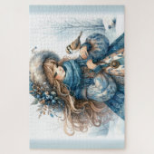 Winter Girl mit Vogel in Blue Floral Coat Puzzle (Vertikal)