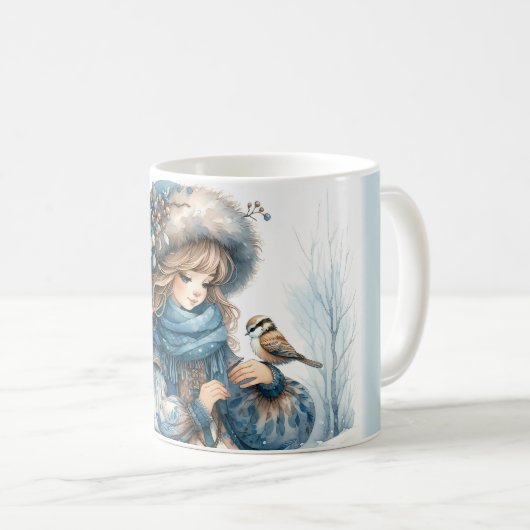 Winter Girl with Bird in Blue Floral Coat Kaffeetasse (VorderseiteRechts)