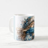 Winter Girl with Bird in Blue Floral Coat Kaffeetasse (Vorderseite Links)