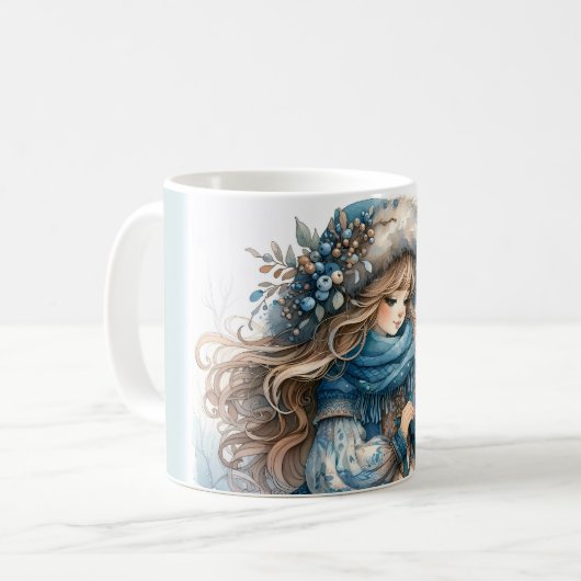 Winter Girl with Bird in Blue Floral Coat Kaffeetasse (Vorderseite Links)