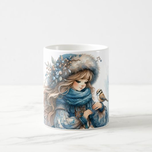 Winter Girl with Bird in Blue Floral Coat Kaffeetasse (Mittel)