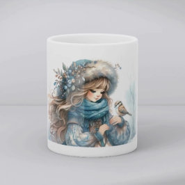 Winter Girl with Bird in Blue Floral Coat Kaffeetasse