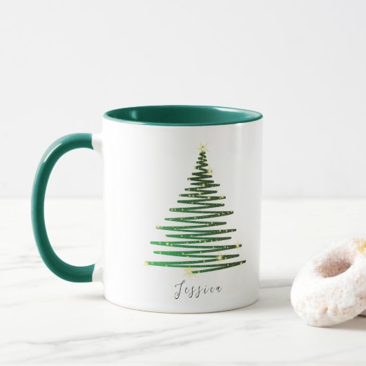 Winter Glitzer Grüner Baum Personalisiert Weihnach Tasse (Mit Donut)