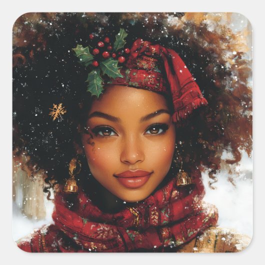 Winter Glow Afrocentric Queen – Holiday Art Quadratischer Aufkleber (Vorderseite)