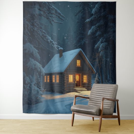 “Winter Glow – Cozy Cabin in the Snow Poster Wandteppich (Beispiel)