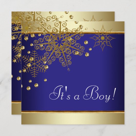 Winter Gold Blue Snowflakes Baby Boy Dusche Einladung (Vorne/Hinten)