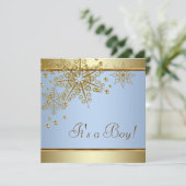 Winter Gold Blue Snowflakes Baby Boy Dusche Einladung (Stehend Vorderseite)