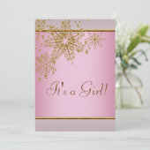 Winter Gold Pink Snowflakes Baby Girl Dusche Einladung (Stehend Vorderseite)