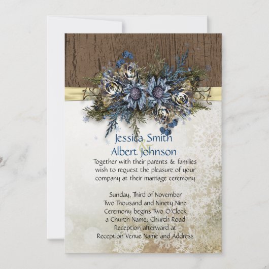 Winter Gold Ribbon Blue Floral Wedite Einladung (Vorderseite)