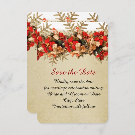 Winter Gold/Rot-Ornamente Save the Date (Vorne/Hinten)