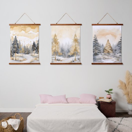 Winter Gold- und Grauwald-Bäume Schneebesen Wandteppich Mit Holzrahmen (Schlafzimmer)