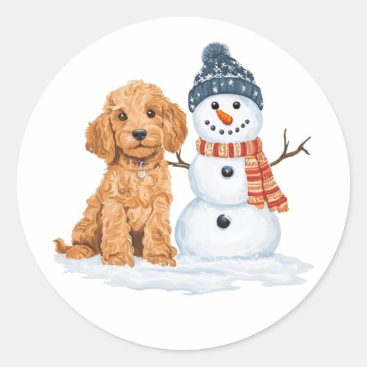 Winter Goldendoodle Dog Cute Snowman Runder Aufkleber (Vorderseite)