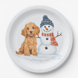Winter Goldendoodle Hund Süßer Schneemann Pappteller