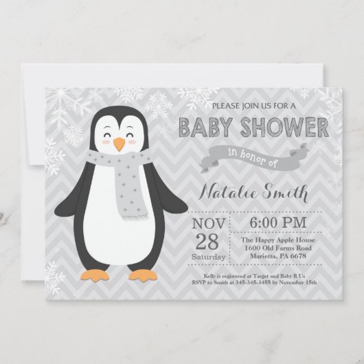 Winter-graue Pinguin-Babyparty-Einladung Einladung (Vorderseite)