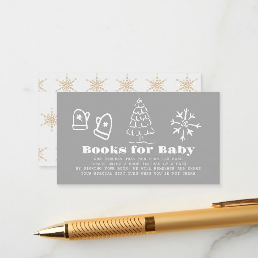 Winter Gray Hand-Drawn Baby Shower Book Request Begleitkarte (Vorderseite/Rückseite Beispiel)