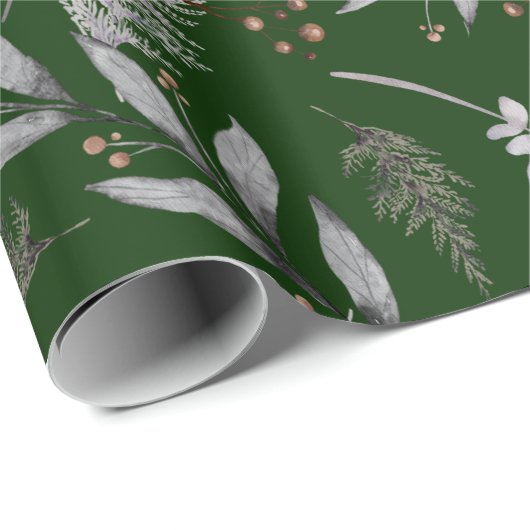 Winter Green Blätter Berries Pine Wasserfarbe Geschenkpapier (Rolleneckpunkt)
