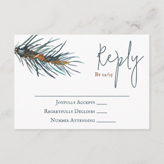 Winter Green Pine Needles Wedding RSVP Card Hinweiskarte (Vorderseite)