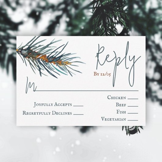 Winter Green Pine Needles Wedding RSVP Card Hinweiskarte